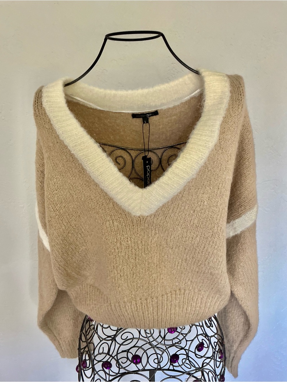 NWT PaperMoon V-Neck Sweater in Beige with Cream Trim